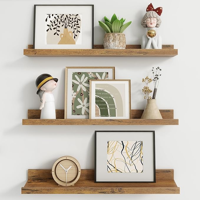 Axeman Picture Ledge Shelf | 24 Inch Brown Floating Shelves Set of 3 | Rustic Brown Wood Wall Shelves with Lip | 24" Picture 