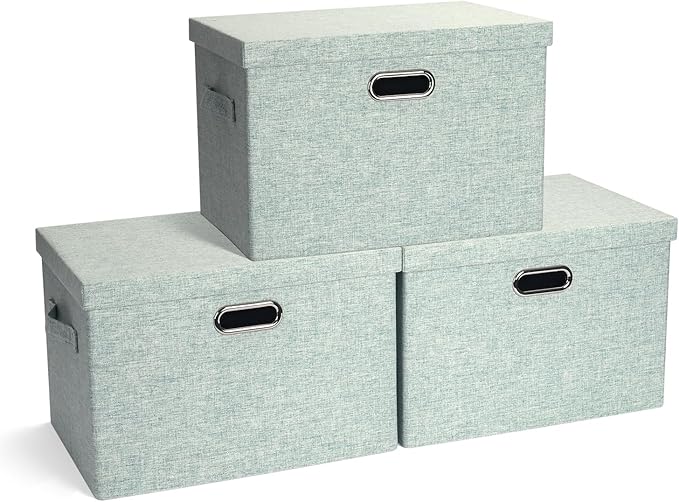 Graciadeco Large 17" 36 Quart Collapsible Stackable Storage Bins with Lids, 3 Packs Light Green Linen Fabric Closet Boxes wit