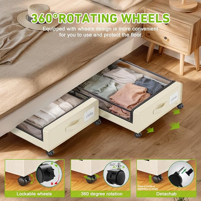 Under Bed Storage with Wheels, Under the Bed Storage Containers with Clear Lids & Label, Underbed Storage Bins, XXL 60L Rolli