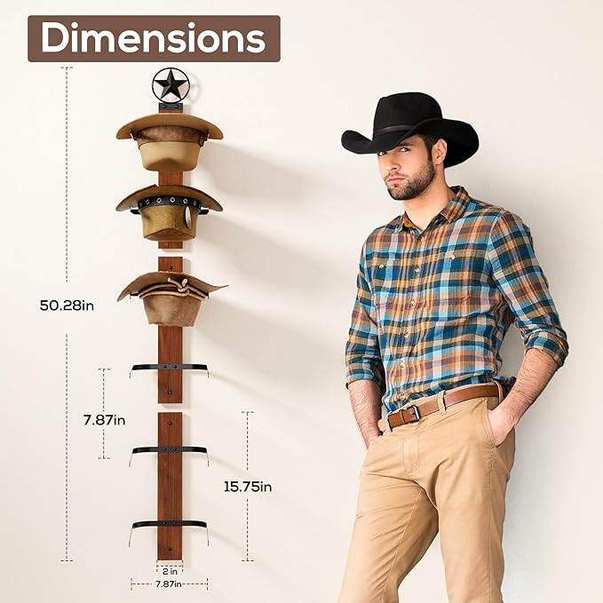 Cowboy Hat Rack for Wall – 3-Piece Western Hat Holder, Rustic Wooden & Metal Wall Mounted Cowboy Hat Organizer, Holds up to 6