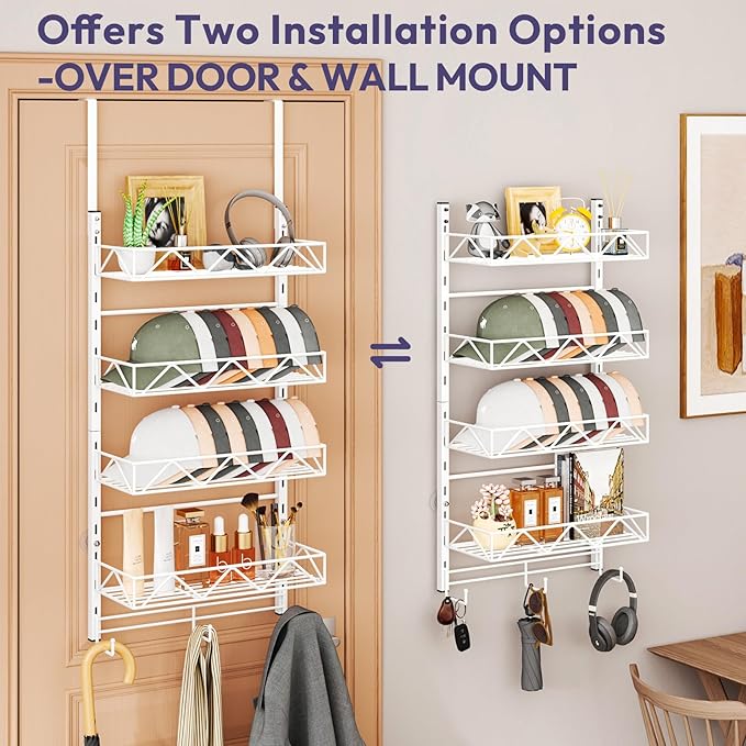SWTYMIKI Over Door Hat Organizer - 5 Tier Wall Mounted Hat Rack with 4 Adjustable Metal Basket and 3 Hooks, Hanging Baseball 