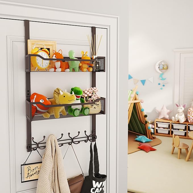 SWTYMIKI Over The Door Hooks Organizer - Multi-Functional Door Hanger with 16 Hooks & 2 Mesh Baskets, Long Coat Rack for Bath