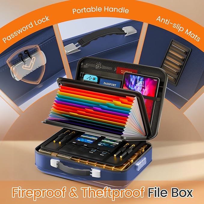 Fireproof Document Box with Lock, 5200°F Fireproof Water Resistant Hard Case File Organizer Safe Box for Important Documents,