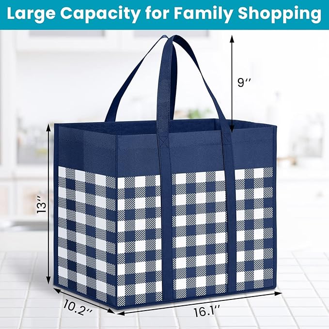 WOWBOX Reusable Grocery Bags,6-Pack, Foldable Reusable Shopping Tote Bags bulk with Reinforced Handles,Large Storage Bags with Water Resistant Coating for Groceries,Multipurpose,Blue-White