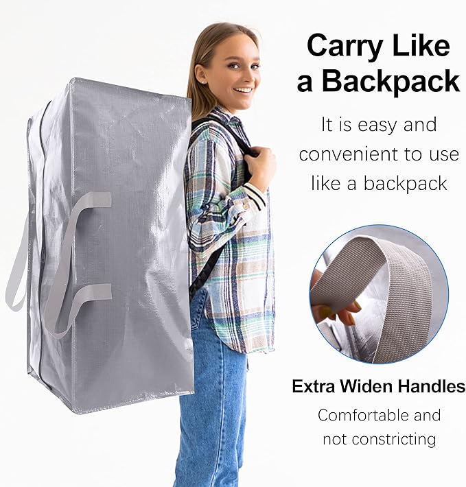 VELVETSURE Heavy Duty Extra Large Moving Bags W/Backpack Straps - Strong Handles & Zippers, Storage Totes For Space Saving, F