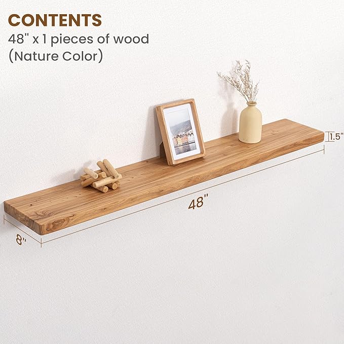 Floating Shelves for Wall, 48"Wx8"D Rustic Solid Elm Wood Floating Shelves Wall Mounted, Round Edge Wall Shelves with Invisib