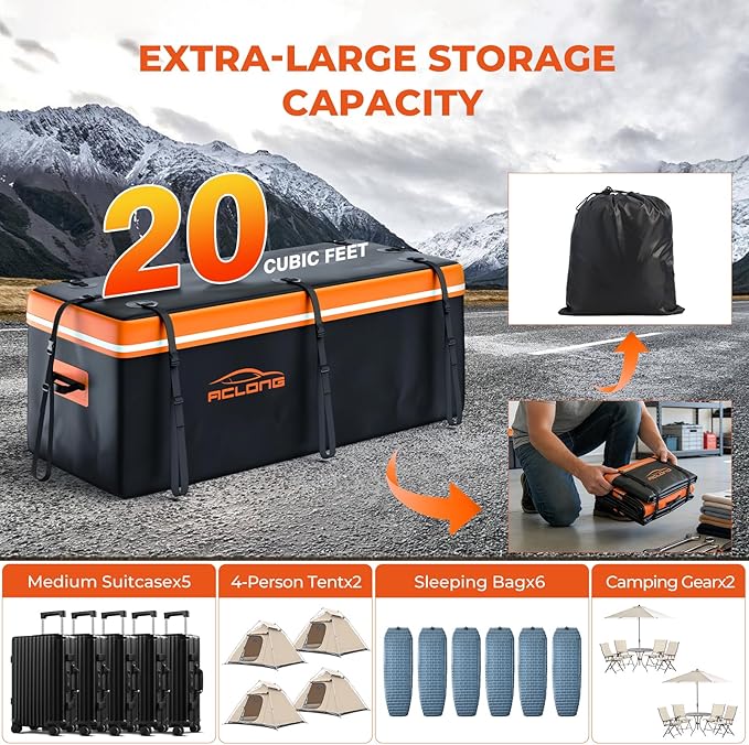 Hitch Mount Cargo Carrier Bag, Waterproof Soft Shell 20 Cubic Feet, Universal for Truck Pickup with Hitch Basket, 8 Reinforced Straps, Solid Buckles,Reflective Strip,Carry Handles,Combination Lock