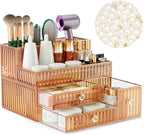 Makeup Organizer Golden- Tempered Glass Vanity Organizer for Cosmetics, Skincare, Hair Tools, Brushes, Perfume - Multipurpose