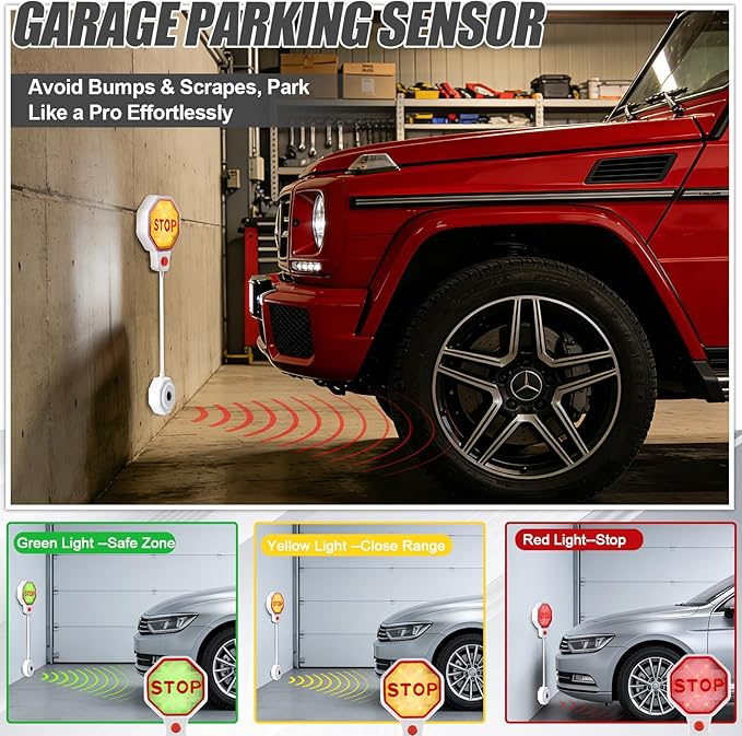 Lawnldyll Garage Parking Sensor Aid, Garage Stopper for Parking Car, Adjustable Car Stop Assistant with Red/Yellow/Green LED 