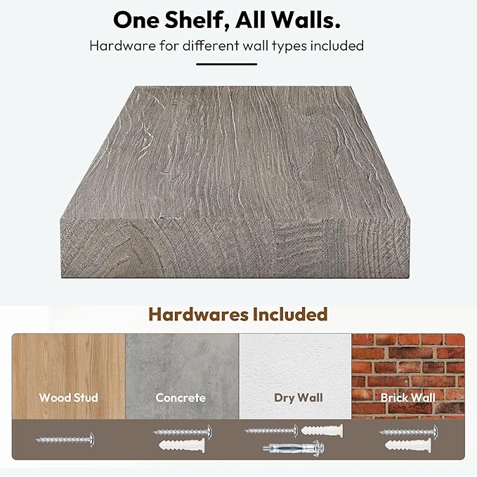 Vivelove Elm Wood Floating Shelves, Wooden Shelves for Wall with Invisible Bracket for Living Room Bedroom Bathroom Office Bo