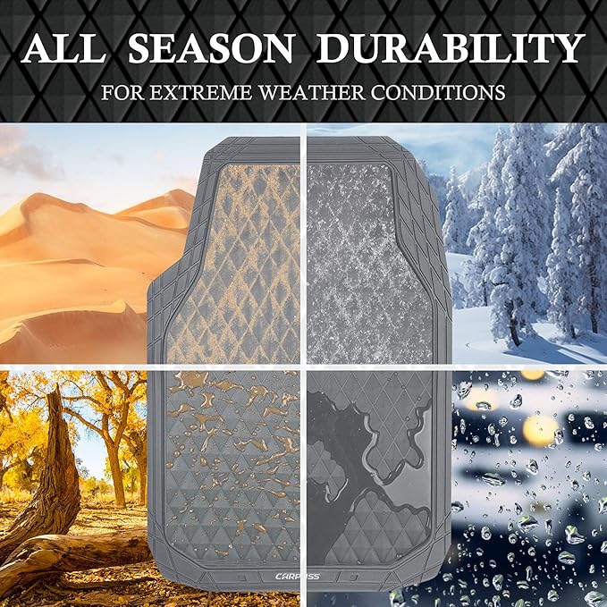 CAR PASS Gray Rubber Car Mats, All-Weather Floor Mats Full Set Durable Anti-Slip 3D Rhombus Waterproof Automotive Pad Trim to Fit Liner Universal Fit for Sedan SUV Truck Van, 4 Pcs All Gray Rubber