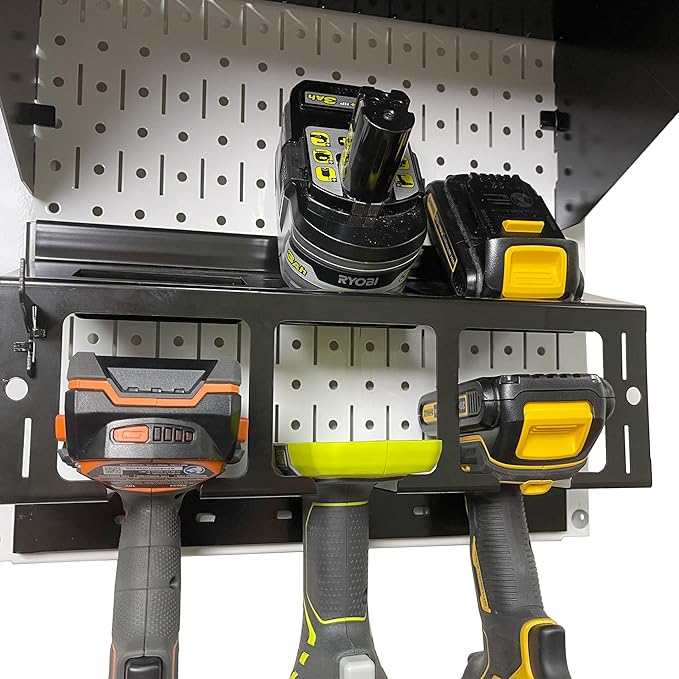 Wall Control Power Tool Storage Organizer Kit Cordless Drill Holder Charging Station Rack 16” x 32” Metal Pegboard Organizati