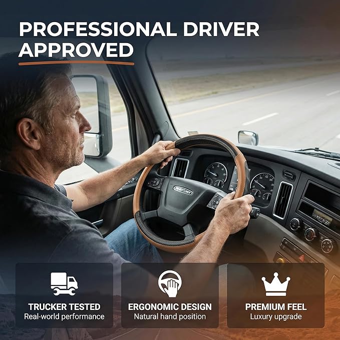 18 Inch Semi Truck Steering Wheel Cover for Freightliner Cascadia, Kenworth T680 T880, Peterbilt 579 & Volvo VNL – Heavy Duty Anti-Slip Leather Grip for Big Rig Class 8 Trucks – Brown