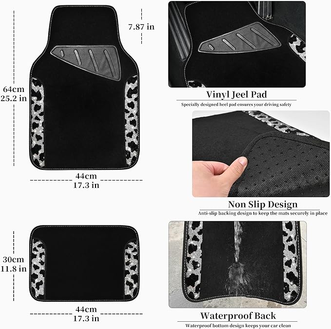 CAR PASS Leather Cow Bling Diamond Car Seat Covers Front & Rhinestone Carpet Car Floor Mats & Sparkly Steering Wheel Cover 15