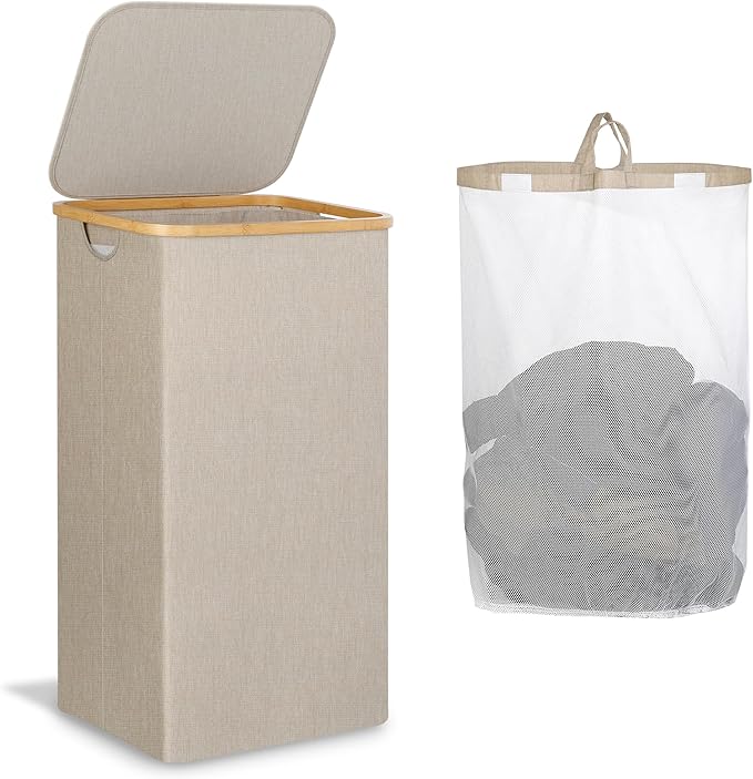 IEGrow Laundry Basket with Lid, Large Laundry Hamper with Handle and Lid, Collapsible Clothes Basket Organizer with Removable