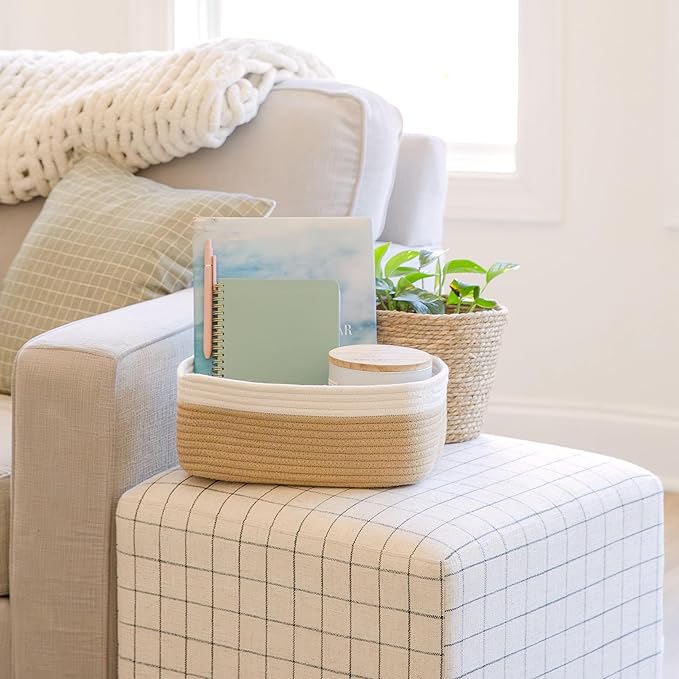 NaturalCozy 11.8"x8"x4.5” Storage Baskets for Shelves 3 Pack | Cotton Rope Woven Small Baskets for Organizing | Small Storage