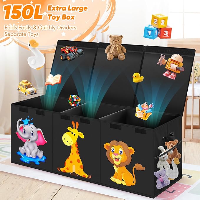 Mabahoo Extra Large Toy Box, Collapsible Storage Organizer with Lids, Cute Animals Toybox for Boys Girls, 40"x14"x16" Kids To
