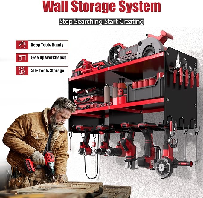 Spampur Heavy Duty Power Tool Organizer Wall Mount with Charging Station – 420 lb Capacity 3-Tier Storage Rack Holds 6 Drills