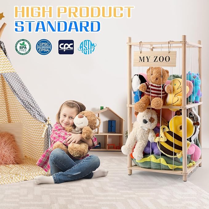 GLDZI Stuffed Animal Storage Zoo, Wooden Stuffed Animal Organizer with Elastic Cords for Boys Girls, Space Saving Toy Plushie