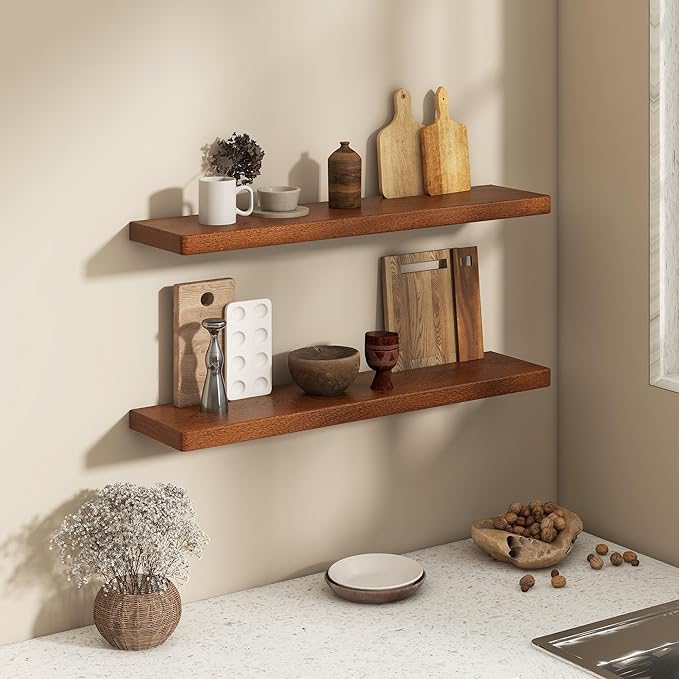 Fun Memories 36 Inch Floating Shelves, Rustic Solid Wood Wall Shelves Set of 2, 8 Inch Deep Floating Shelf for Bathroom, Bedr