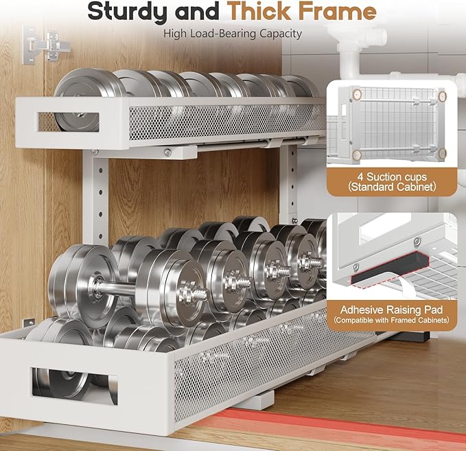 1 Pack 20.47IN Depth Under Sink Storage Organizer, Large 2-Tier Elegant Mesh Pull Out Shelf for Kitchen and Bathroom Cabinet 