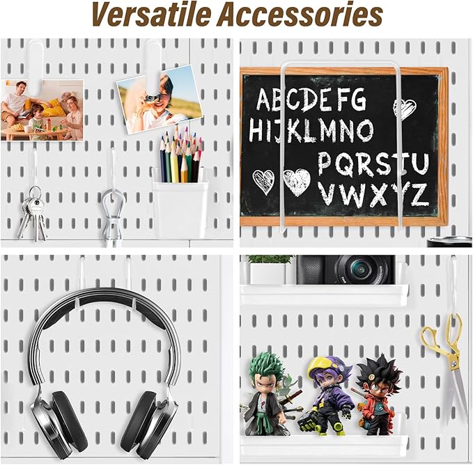 AKTOP Peg Board Wall Organizer 4-Pack – 12"x12" White Pegboard Combination Kit with 13 Accessories for Wall, Plastic Peg Boar