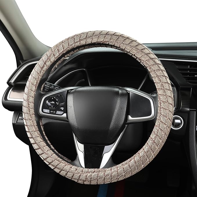 Auto Newer Breathable Steering Wheel Cover Suitable For Four Seasons，Anti-Slip Design，Odorless，Easy Carry Unviersal Fit for Truck SUV Sedans Vans，Interior Accessories Standard Size[14" 1/2-15"]（Beige）