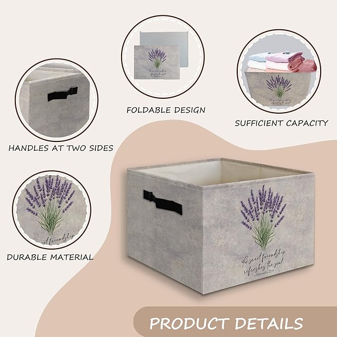 Christian Lavender Floral Decor Basket Foldable Storage Bins Box with Handles, Christian Friendship Gifts for Women, Bible Ve