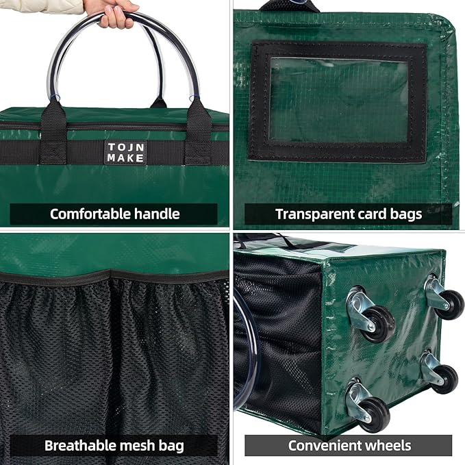 Reusable Grocery Bag On Wheels(Medium, Green), Rolling Tote Bag, Shopping Bag on Wheel, 8 Pockets and Zipper Cover for Trips, Foldable, Heavy Duty Handles, Carries Up to 66LBS