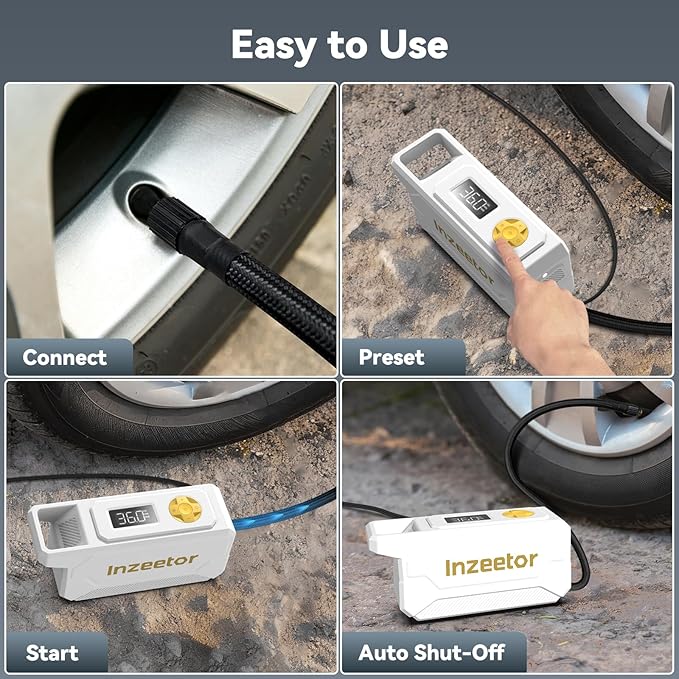 150 PSI Tire Inflator Portable Air Compressor, 12V DC Auto Shutoff Air Pump with Digital Pressure Gauge and Emergency LED Light for Car Tires, Bicycle & Balloons, White