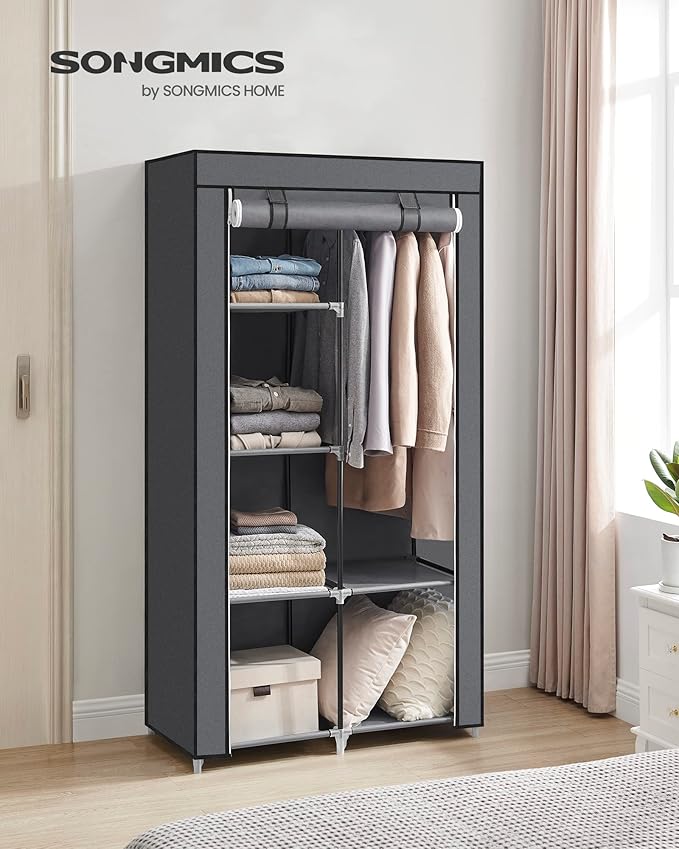 SONGMICS Portable Closet, Fabric Wardrobe, Clothes Rack with Shelves, Pockets, Large Capacity, 1 Hanging Rod, 34.6 x 17.7 x 6