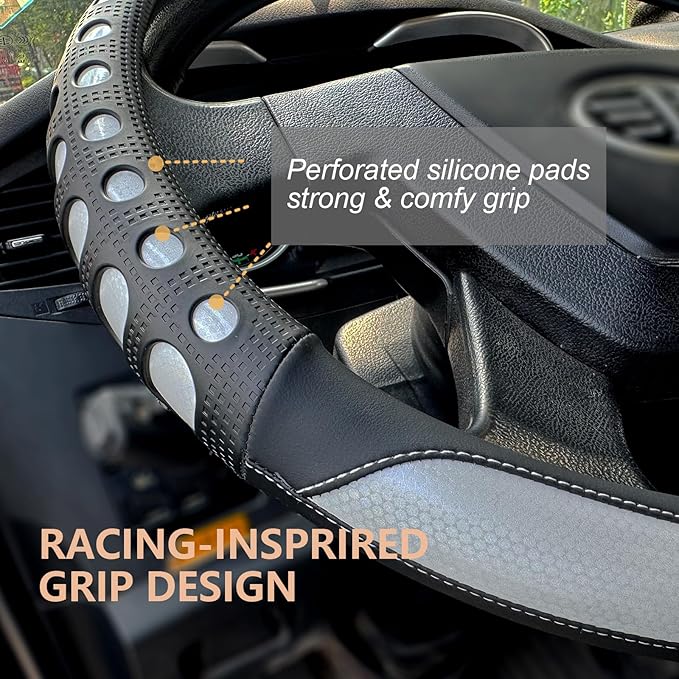 PINCTROT XL Size 17.5-18 in Race Grip Steering Wheel Cover for Semi Truck, Fits RV, Big Rig Trucker, 18 Wheeler and Classic Cars, Anti-Slip Silicone Perforated Design 17.5-18 Inch (Racing White)