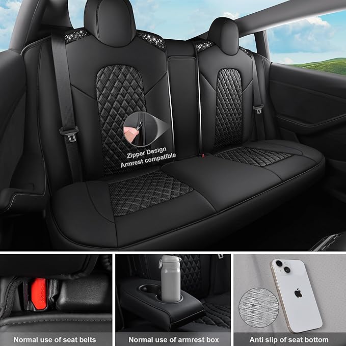 CAR PASS Car Seat Covers for Tesla Model 3 Nappa Leather Bling Diamond Car Seat Protector Full Coverage Airbag Compatible Cus