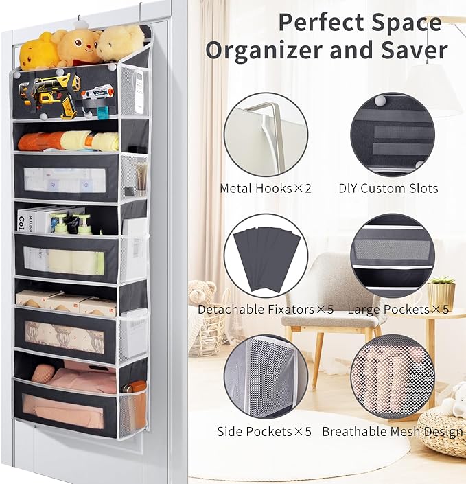 5-Tier Over the Door Storage Organizer with 5 Side Mesh Pockets, 40lbs Load Capacity with 2 Hooks, Behind Door Hanging Organi