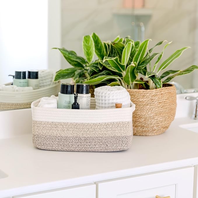 NaturalCozy 13.5”x8.5”x5.5” Storage Baskets for Shelves 3 Pack | Cotton Rope Woven Small Baskets for Organizing | Small Stora