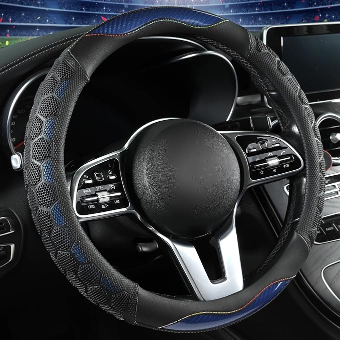 PU Leather Steering Wheel Cover 14.5-15 Inch, Carbon Fiber Style Grip, Non-Slip & Breathable, Universal for Sedan SUV Truck V