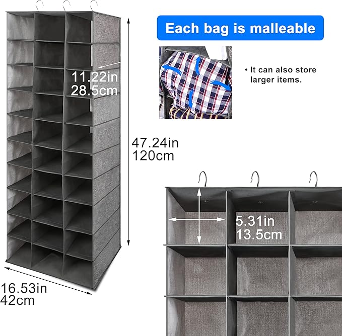 Libeder Hanging Closet Organizers - 30 Section Shoe Shelves, Space Saving Shoe Holder Grey