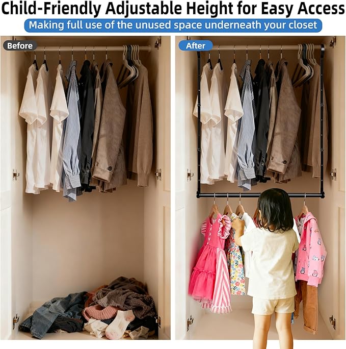 Hanging Closet Rods, Adjustable Height & Width Closets Bar Lower Extender for Hanging Clothes, Heavy Duty Hanging Bars for Cl
