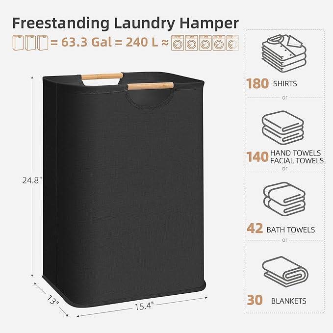 STORAGE MANIAC 3-Pack Large Laundry Hamper, 80L (21.1 Gal) Collapsible Laundry Basket with Bamboo Handles, Freestanding Water