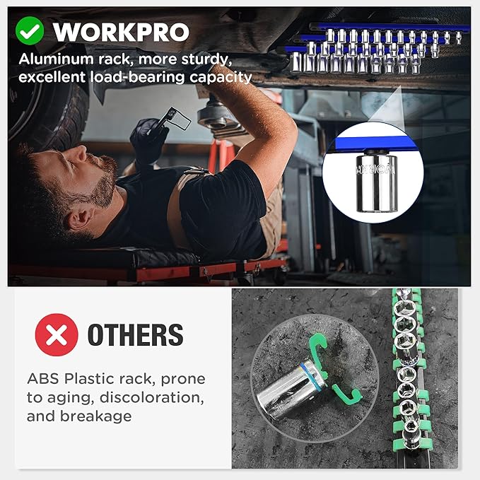 WORKPRO Magnetic Socket Organizer - 6-Piece Aluminum Alloy Socket Rail, Heavy Duty Socket Holder - Set: 1/4-Inch x 12 Clips, 