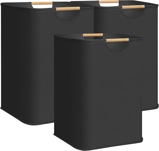STORAGE MANIAC 3-Pack Large Laundry Hamper, 100L (26.4 Gal) Collapsible Laundry Basket with Bamboo Handles, Freestanding Wate