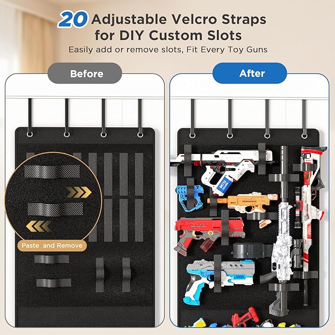 Over the Door Organizer for Toy Guns, Toys Storage Door Hanger with Pockets and Slots for Kids Foam Blasters, Darts, Goggles,