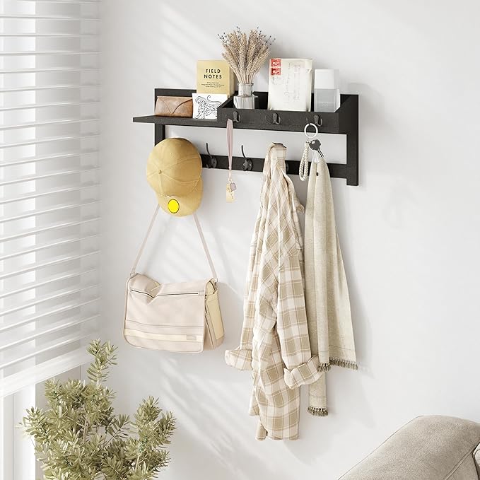 AMBIRD Wall Hooks with Shelf, 26.57 Inch Entryway Wood Coat Hooks for Wall, Coat Rack Wall Mount Rack with 5 Dual Hooks 3 Key