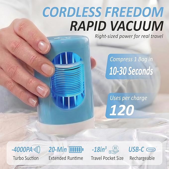 Cozy Essential Travel Vacuum Storage Bags with Rechargeable Cordless USB Pump, Space Saver Bags for Luggage, Suitcase, Carry-
