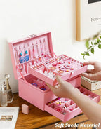 QBestry 3-Layer Jewelry Box for Girls & Teens with Lock and Key, Large Jewelry Organizer with 8 Necklace Hooks & 56 Earring H