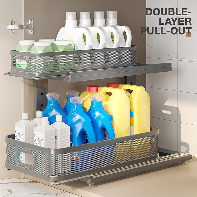 2 Pack 18.5IN-Depth Under Sink Organizer With Next-Gen Ball-Bearing Slides,2-Tier Precision Mesh Pull Out Cabinet Storage for