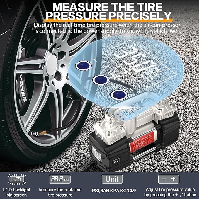 GSPSCN 6X Faster Inflation Digital Tire Inflator, Portable Toolbox 12V Air Compressor Pump Heavy Duty Dual Cylinders Car Pump,150Psi Auto Shut-Off with Tire Repair Kit for Auto,SUV,Truck etc