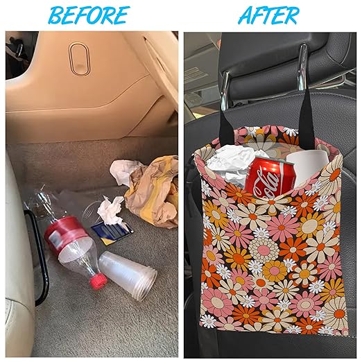 Car Trash Bag Vintage Groovy Flowers Car Garbage Bag Hanging Car Trash Can