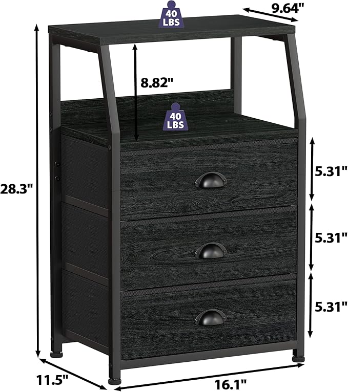 Furnulem Black Night Stand, Small Dresser for Bedroom, Nightstand with 3 Fabric Storage Drawers and 2-Tier Shelf, End Table S