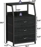 Furnulem Black Night Stand, Small Dresser for Bedroom, Nightstand with 3 Fabric Storage Drawers and 2-Tier Shelf, End Table S